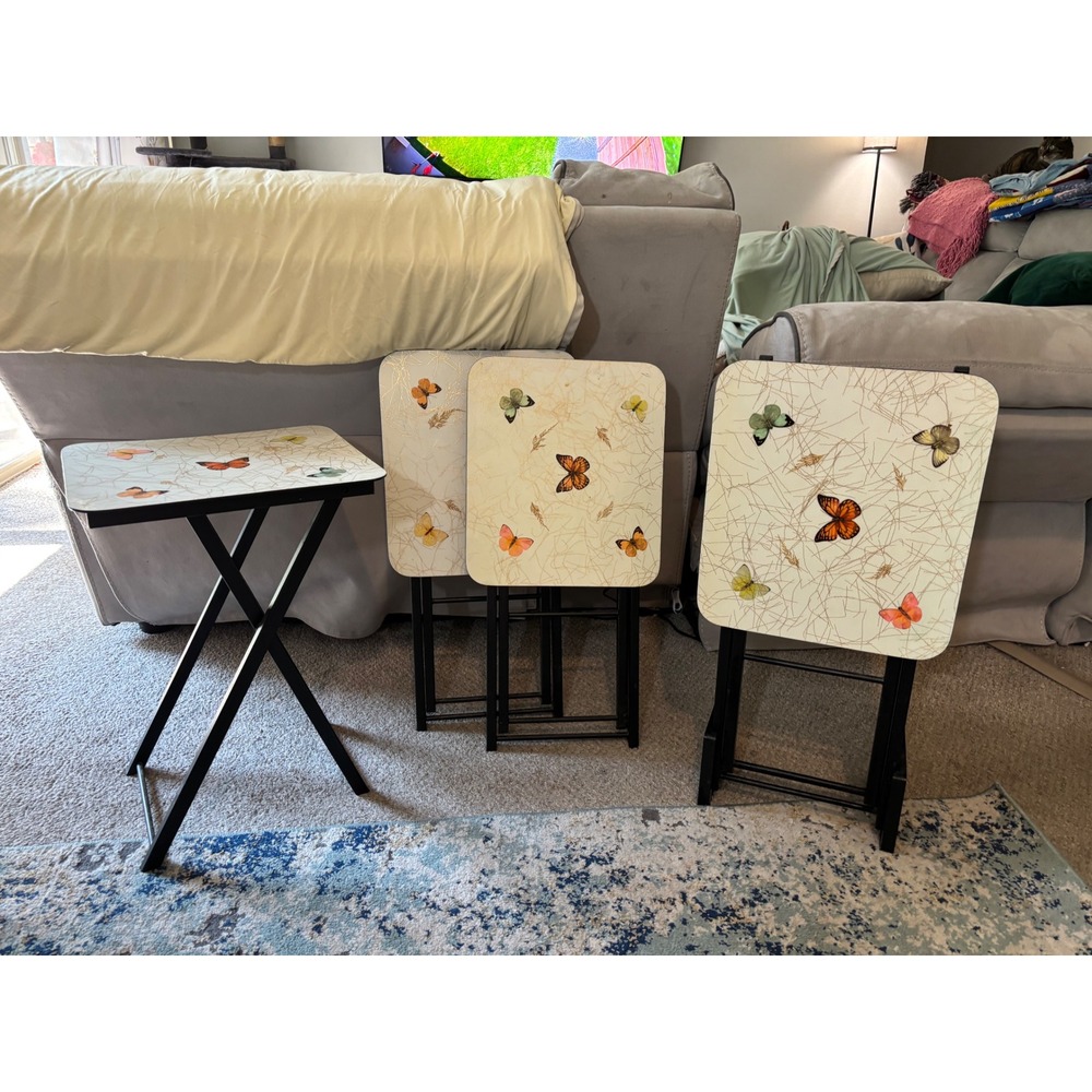 Vintage Artex Tables Butterfly TV Tray Set of 4 with Storage Rack Mid Century